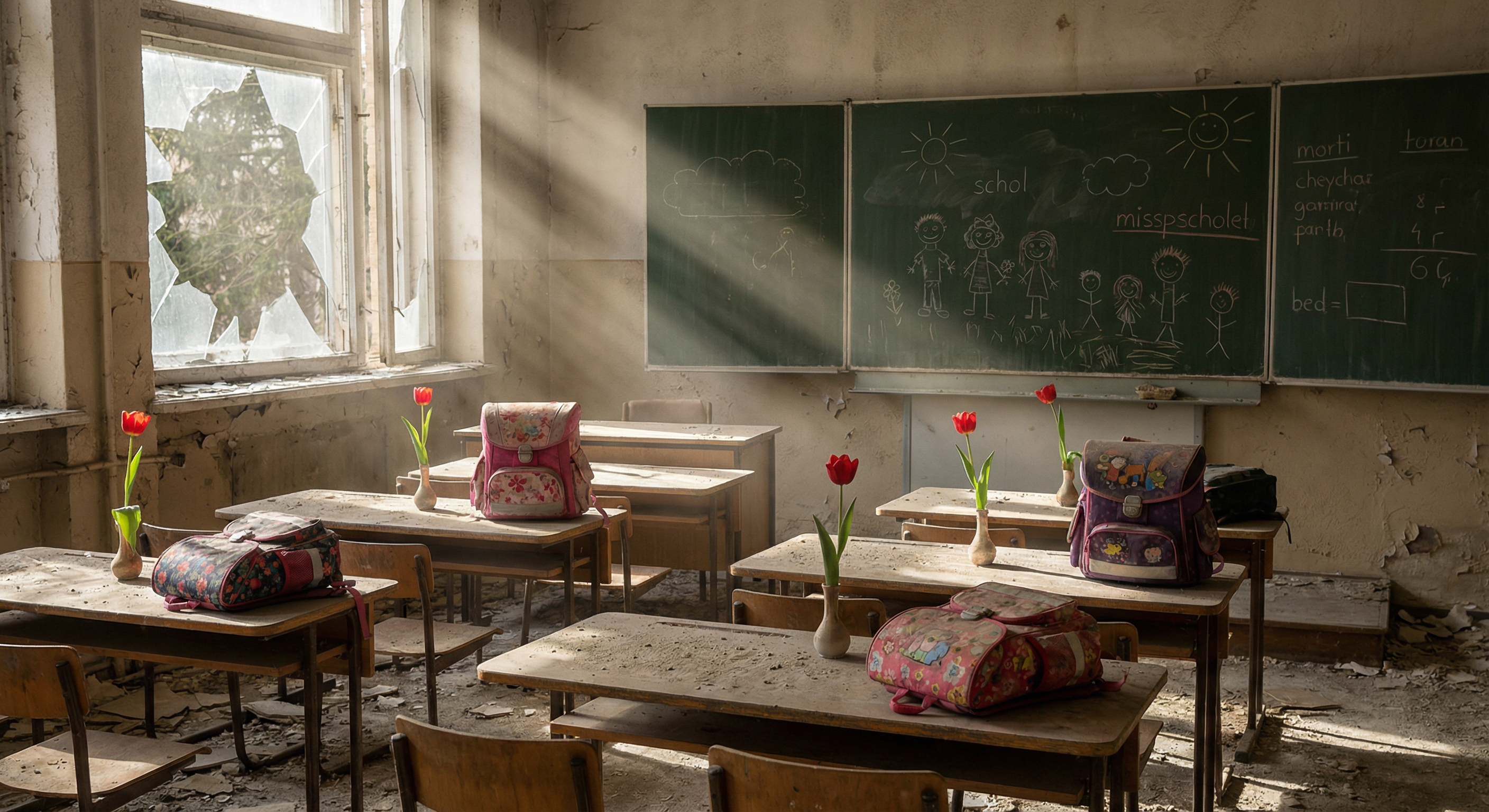 Empty desks forever waiting for the girls who will never return.