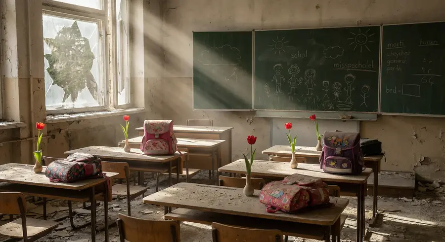 Empty desks forever waiting for the girls who will never return.