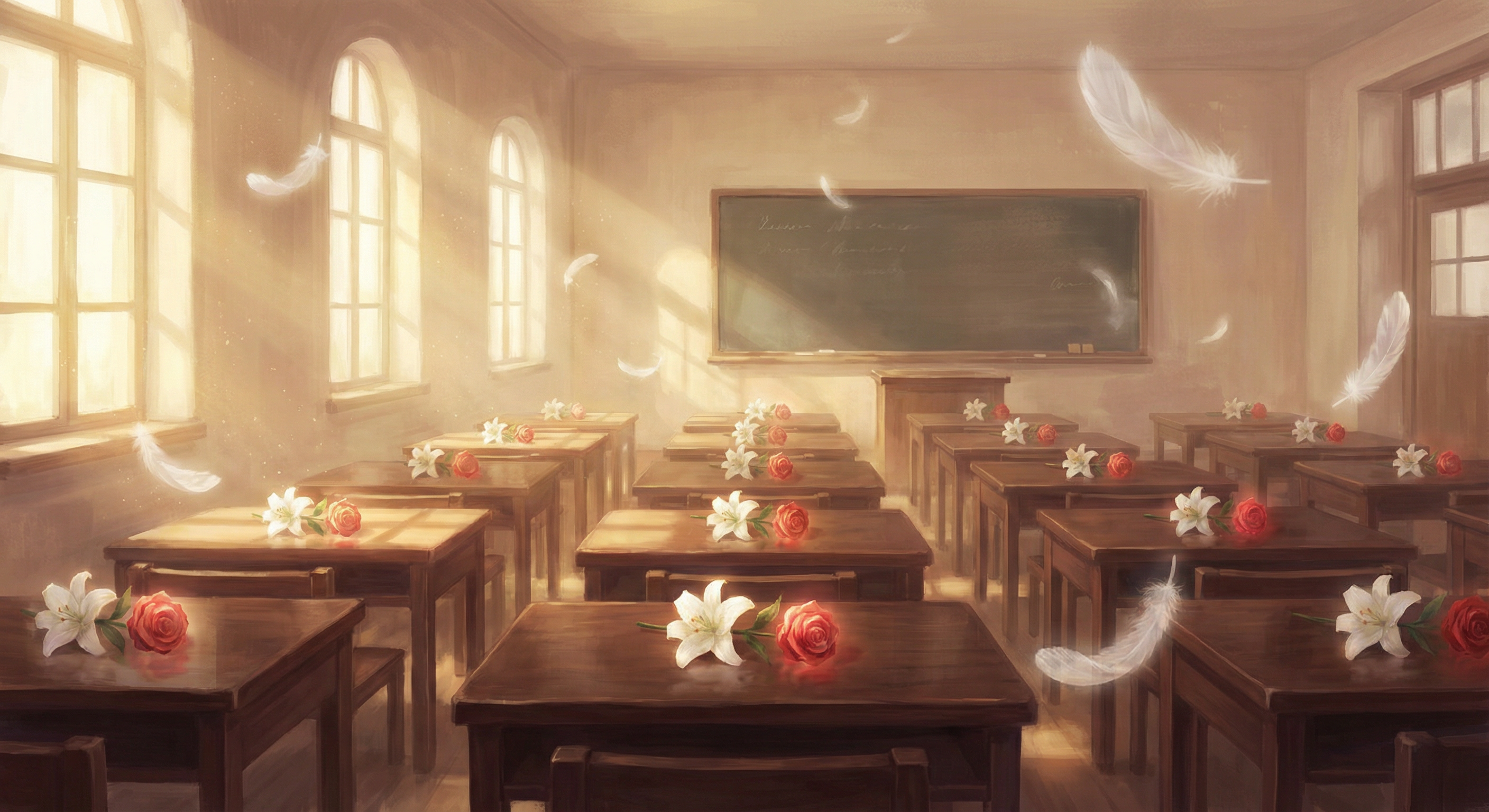 White feathers drift onto empty school desks. A hauntingly quiet room where 168 innocent voices once laughed.